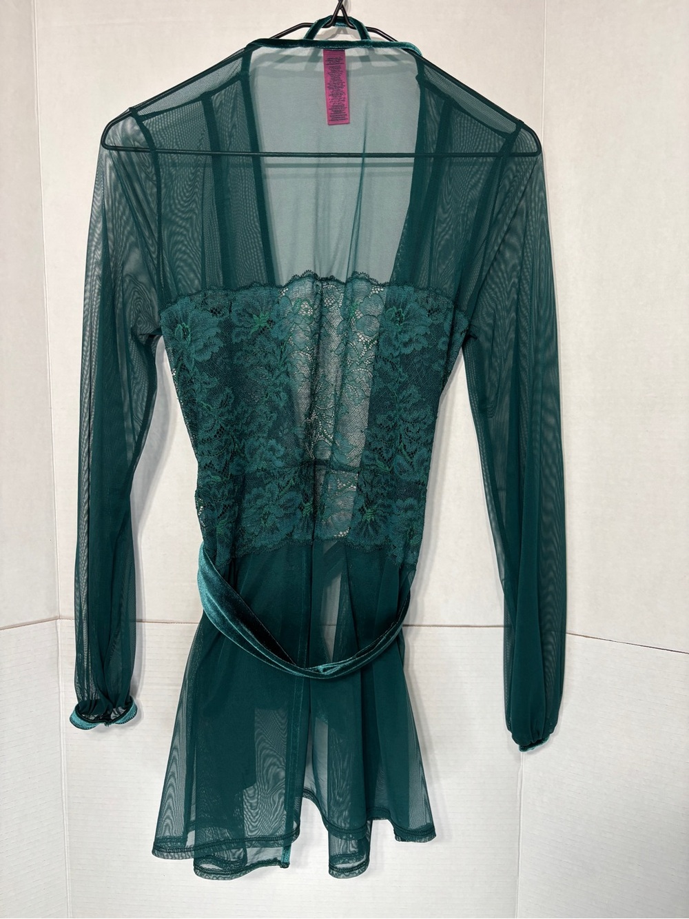 La SENZA Deep Teal Green Sheer Lace Short Robe Satin Tie Mesh Layer Sleepwear - Picture 4 of 12